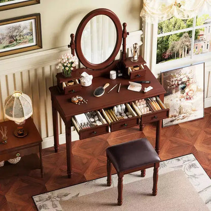Coiffeuse vintage en bois Okak avec miroir inclinable, coiffeuse avec 5 tiroirs et tabouret rembourré, coiffeuse pour chambre à coucher