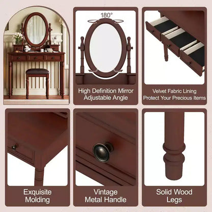 Coiffeuse vintage en bois Okak avec miroir inclinable, coiffeuse avec 5 tiroirs et tabouret rembourré, coiffeuse pour chambre à coucher