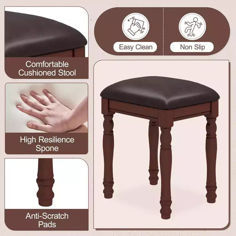 Coiffeuse vintage en bois Okak avec miroir inclinable, coiffeuse avec 5 tiroirs et tabouret rembourré, coiffeuse pour chambre à coucher