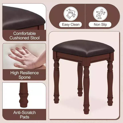 Coiffeuse vintage en bois Okak avec miroir inclinable, coiffeuse avec 5 tiroirs et tabouret rembourré, coiffeuse pour chambre à coucher