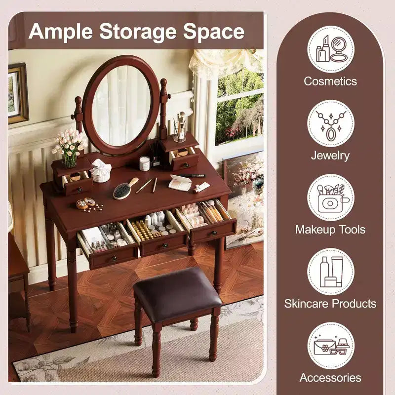 Coiffeuse vintage en bois Okak avec miroir inclinable, coiffeuse avec 5 tiroirs et tabouret rembourré, coiffeuse pour chambre à coucher