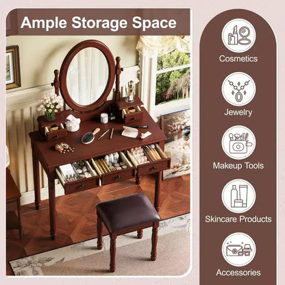 Coiffeuse vintage en bois Okak avec miroir inclinable, coiffeuse avec 5 tiroirs et tabouret rembourré, coiffeuse pour chambre à coucher