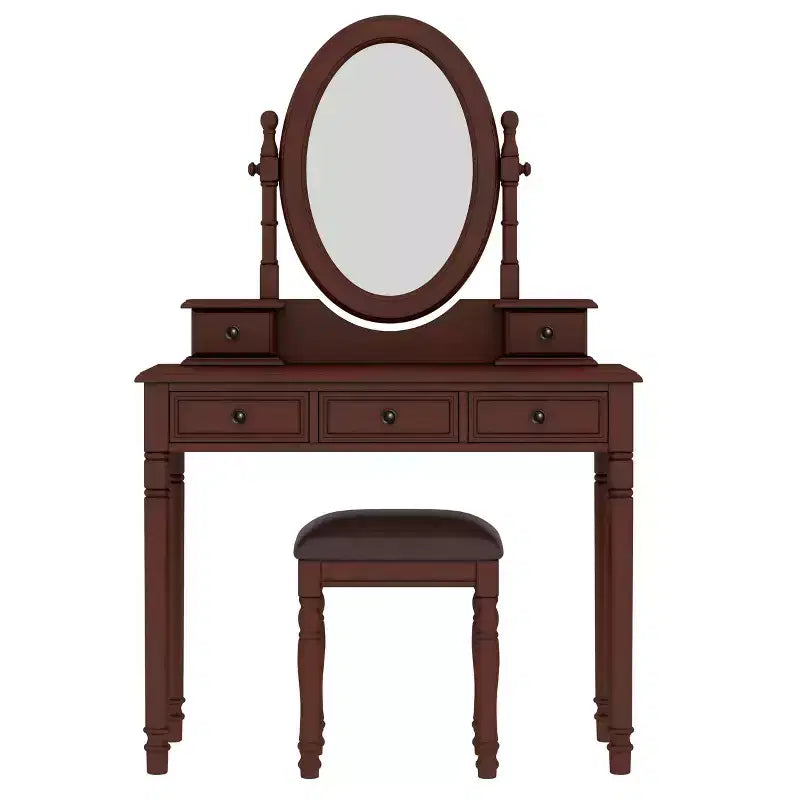 Coiffeuse vintage en bois Okak avec miroir inclinable, coiffeuse avec 5 tiroirs et tabouret rembourré, coiffeuse pour chambre à coucher