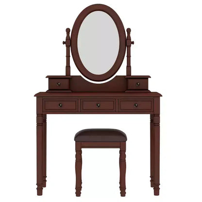 Coiffeuse vintage en bois Okak avec miroir inclinable, coiffeuse avec 5 tiroirs et tabouret rembourré, coiffeuse pour chambre à coucher