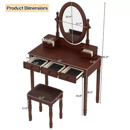 Coiffeuse vintage en bois Okak avec miroir inclinable, coiffeuse avec 5 tiroirs et tabouret rembourré, coiffeuse pour chambre à coucher