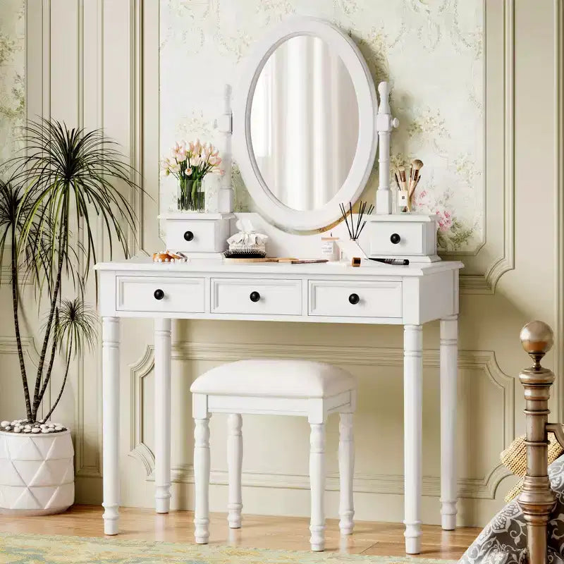 Coiffeuse vintage en bois Okak avec miroir inclinable, coiffeuse avec 5 tiroirs et tabouret rembourré, coiffeuse pour chambre à coucher