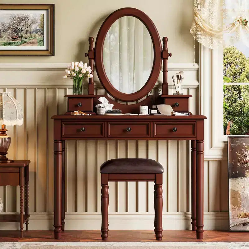 Coiffeuse vintage en bois Okak avec miroir inclinable, coiffeuse avec 5 tiroirs et tabouret rembourré, coiffeuse pour chambre à coucher