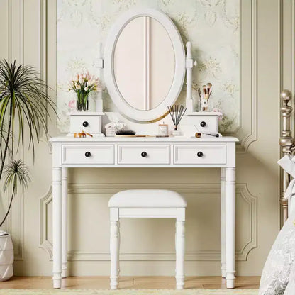 Okak Vintage Wooden Makeup Vanity with Adjustable Angle Mirror, Vanity Table with 5 Drawers and Cushioned Stool, Vanity Desk for Bedroom