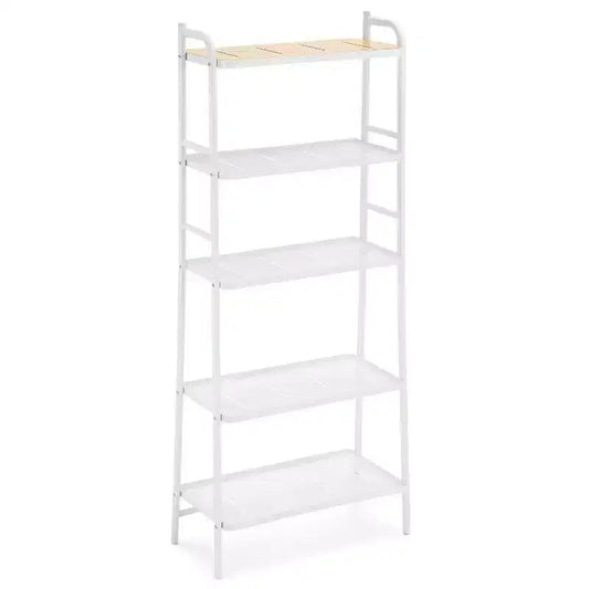 Home Zone Living 5-Tier Freestanding Storage Organizer with Bamboo Accent and Steel Frame, Vertical Space-Saving Shelf, White
