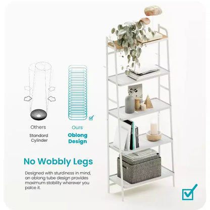 Meuble de rangement autoportant Home Zone Living à 5 niveaux avec accents en bambou et cadre en acier, étagère verticale peu encombrante, blanc