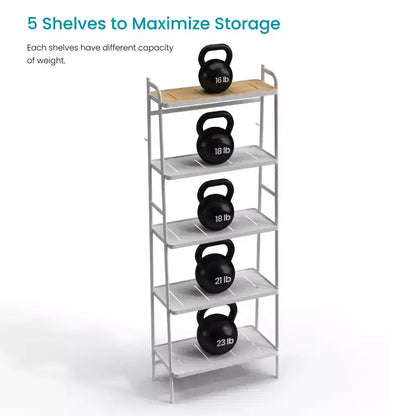 Meuble de rangement autoportant Home Zone Living à 5 niveaux avec accents en bambou et cadre en acier, étagère verticale peu encombrante, blanc