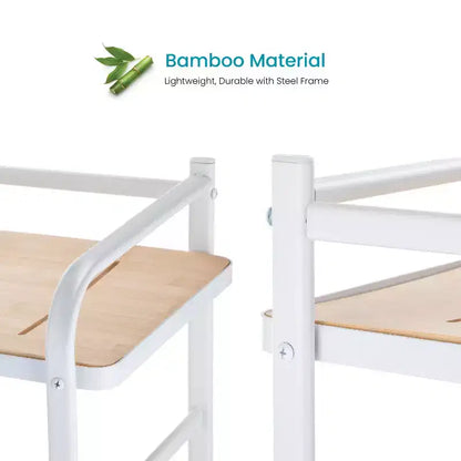 Meuble de rangement autoportant Home Zone Living à 5 niveaux avec accents en bambou et cadre en acier, étagère verticale peu encombrante, blanc