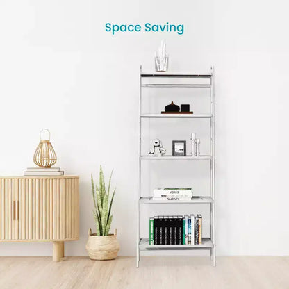 Meuble de rangement autoportant Home Zone Living à 5 niveaux avec accents en bambou et cadre en acier, étagère verticale peu encombrante, blanc