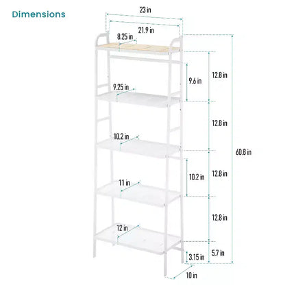 Meuble de rangement autoportant Home Zone Living à 5 niveaux avec accents en bambou et cadre en acier, étagère verticale peu encombrante, blanc