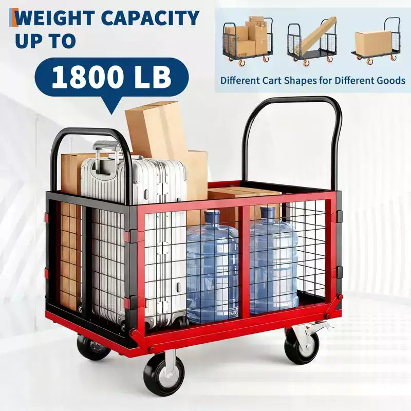 Chariot de transport plateforme robuste 4 en 1 avec capacité de 816 kg - Diable polyvalent, roues pivotantes à 360 degrés de 15 cm, pour entrepôt, garage, épicerie