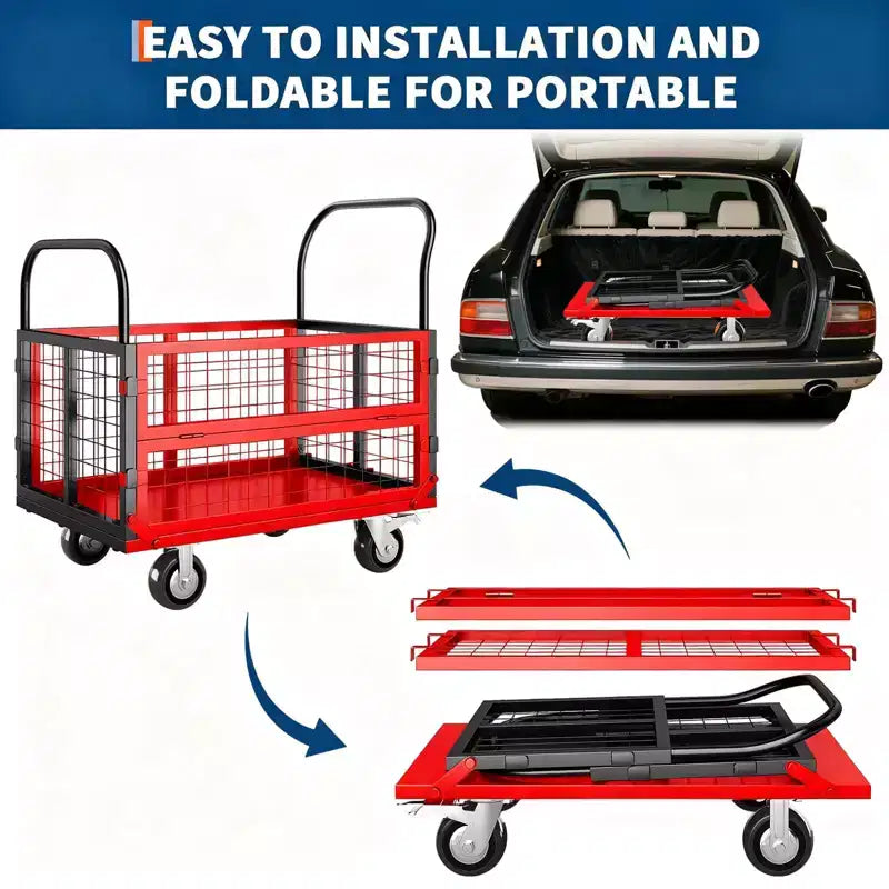 Chariot de transport plateforme robuste 4 en 1 avec capacité de 816 kg - Diable polyvalent, roues pivotantes à 360 degrés de 15 cm, pour entrepôt, garage, épicerie