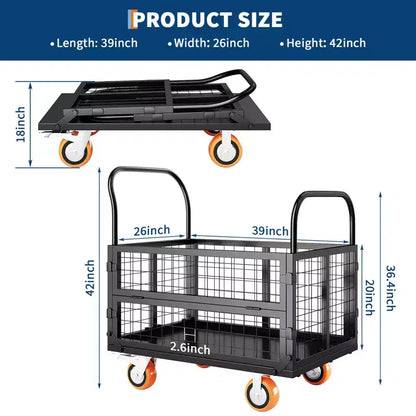 Chariot de transport plateforme robuste 4 en 1 avec capacité de 816 kg - Diable polyvalent, roues pivotantes à 360 degrés de 15 cm, pour entrepôt, garage, épicerie