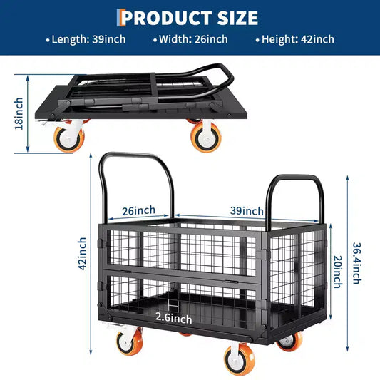 Chariot de transport plateforme robuste 4 en 1 avec capacité de 816 kg - Diable polyvalent, roues pivotantes à 360 degrés de 15 cm, pour entrepôt, garage, épicerie