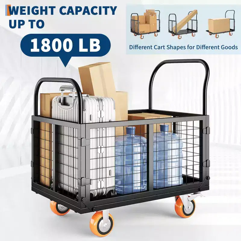Chariot de transport plateforme robuste 4 en 1 avec capacité de 816 kg - Diable polyvalent, roues pivotantes à 360 degrés de 15 cm, pour entrepôt, garage, épicerie
