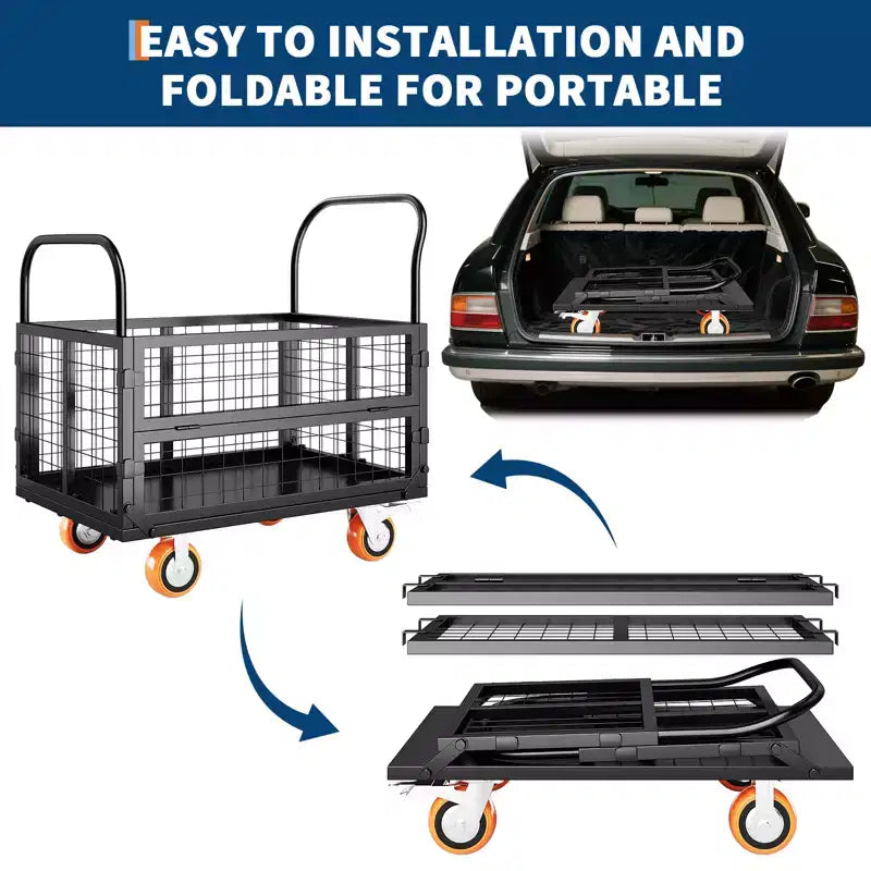 Chariot de transport plateforme robuste 4 en 1 avec capacité de 816 kg - Diable polyvalent, roues pivotantes à 360 degrés de 15 cm, pour entrepôt, garage, épicerie