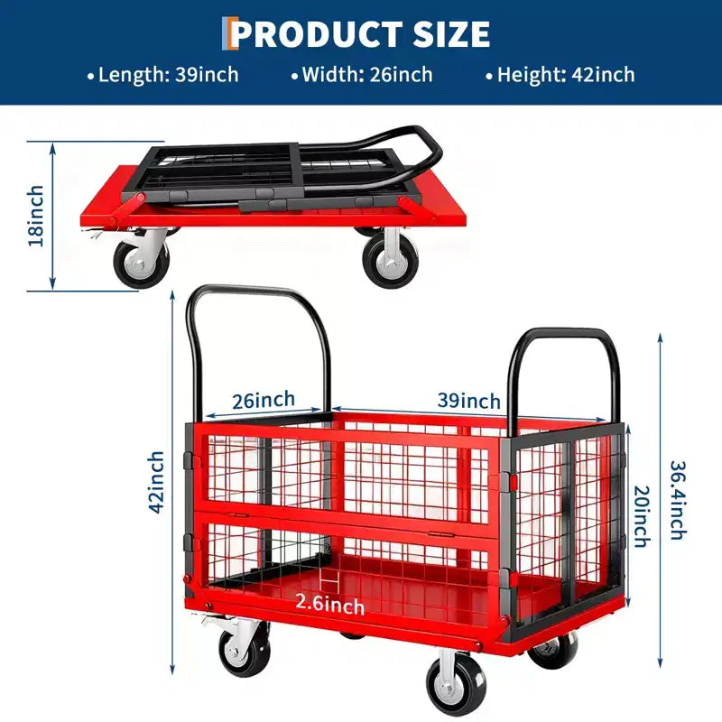 Chariot de transport plateforme robuste 4 en 1 avec capacité de 816 kg - Diable polyvalent, roues pivotantes à 360 degrés de 15 cm, pour entrepôt, garage, épicerie