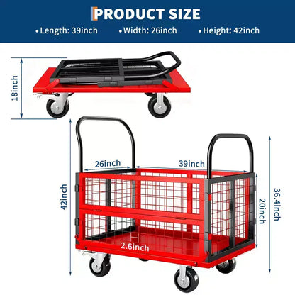Chariot de transport plateforme robuste 4 en 1 avec capacité de 816 kg - Diable polyvalent, roues pivotantes à 360 degrés de 15 cm, pour entrepôt, garage, épicerie