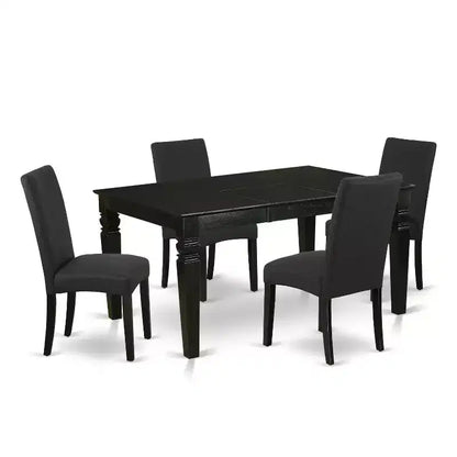 HomeStock 5-Piece Rectangle Black Finish Solid Wood Top Dining Table with 4 Parson Chair with Butterfly Leaf