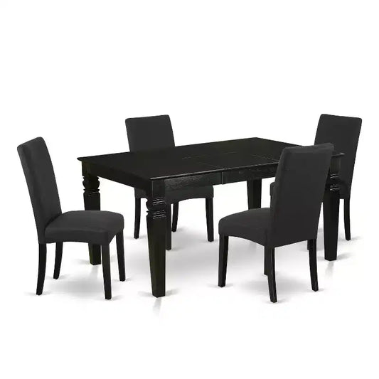 HomeStock 5-Piece Rectangle Black Finish Solid Wood Top Dining Table with 4 Parson Chair with Butterfly Leaf