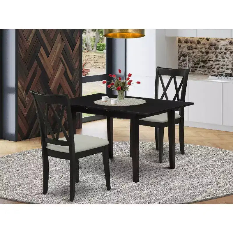 Ensemble de salle à manger HomeStock 3 pièces, plateau rectangulaire en bois massif noir avec rallonge papillon