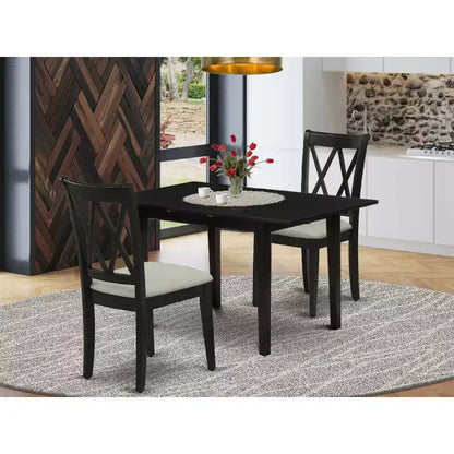 Ensemble de salle à manger HomeStock 3 pièces, plateau rectangulaire en bois massif noir avec rallonge papillon