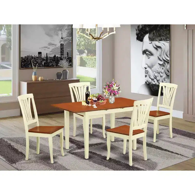 Table à manger HomeStock 5 pièces rectangulaire en bois massif, finition couleur cerise et crème, avec 4 chaises