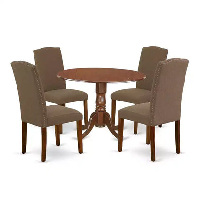 Round Kitchen Table Set 5pc 42 Table w/ Drop Leaves & 4 Parsons Chairs - Rustic Dining Set