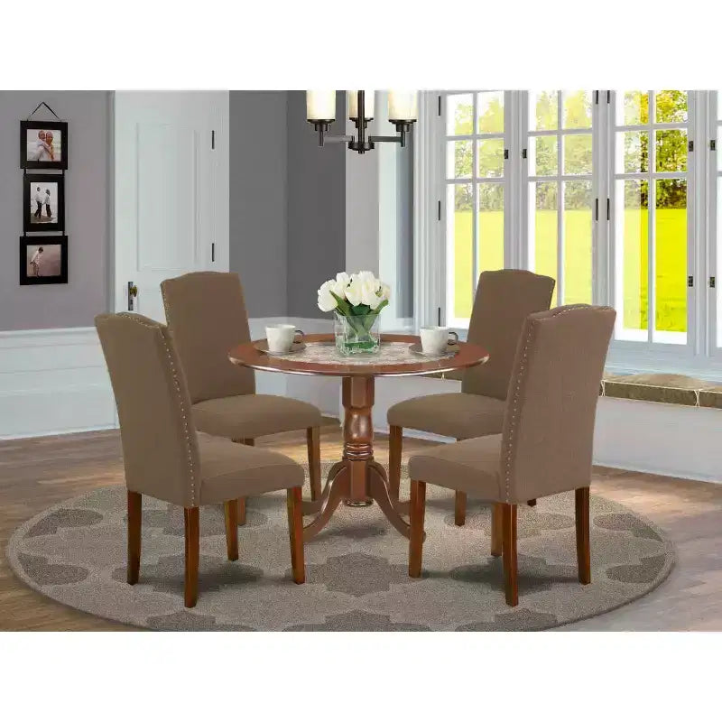 Ensemble de salle à manger rustique : table de cuisine ronde 5 pièces 107 cm avec rallonges et 4 chaises Parsons