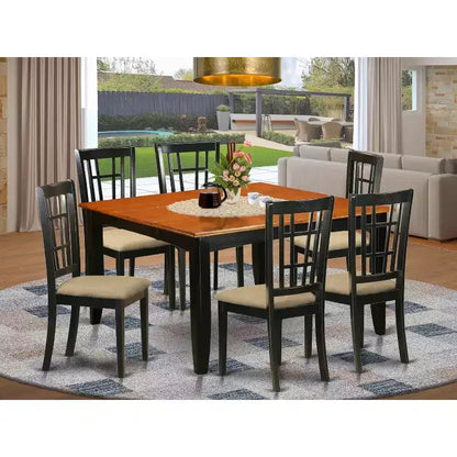 Table de salle à manger HomeStock 7 pièces avec plateau carré en bois massif finition noir et cerisier et 6 chaises