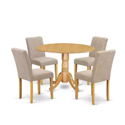 HomeStock 5-Piece Round Natural Oak Finish Solid Wood Top Dining Table with 4 Parson Chair with Drop Leaf