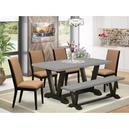 Table à manger rectangulaire 6 places HomeStock avec plateau en bois massif finition chêne naturel, 1 banc et 4 chaises