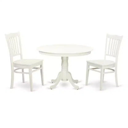 3-Piece Linen White Finish Solid Wood Top - Round Dining Room Set - Seats 4