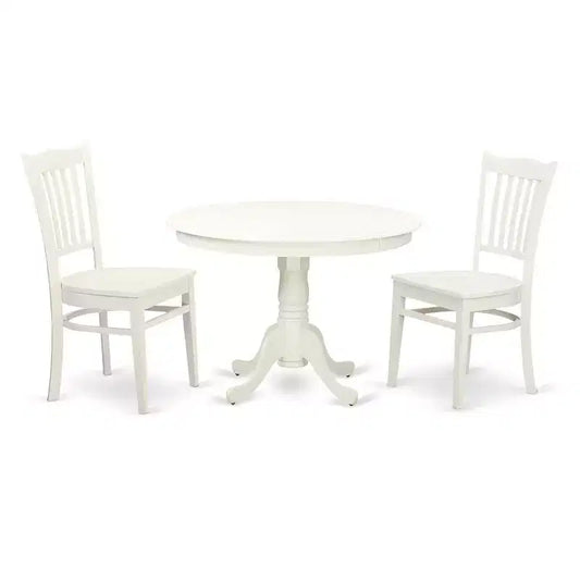 3-Piece Linen White Finish Solid Wood Top - Round Dining Room Set - Seats 4