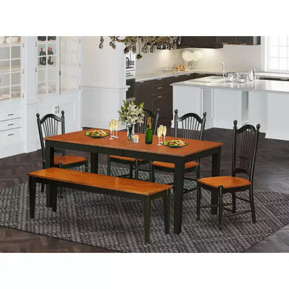 HomeStock Table de salle à manger 6 pièces rectangulaire en bois massif noir et merisier avec 1 banc et 4 chaises