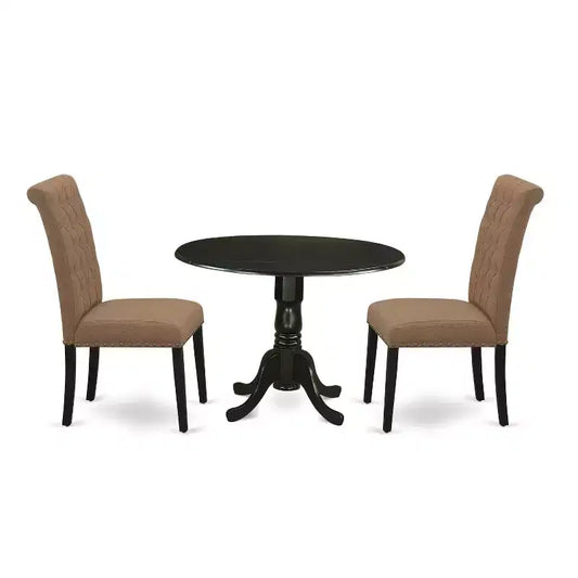 HomeStock 3-Pc Black Finish Solid Wood Top - Round Dining Room Set with Dropleaf - Seats 4