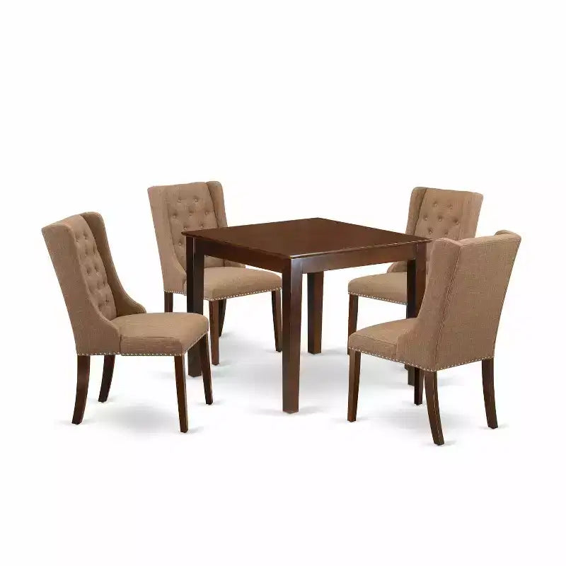 5-Piece Mahogany Finish Solid Wood Top - Square Button Tufted Dining Room Set - Seats 4