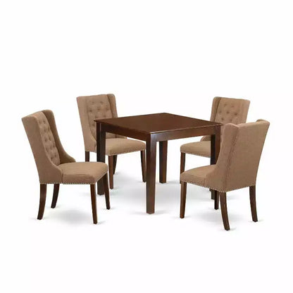 5-Piece Mahogany Finish Solid Wood Top - Square Button Tufted Dining Room Set - Seats 4