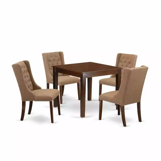 5-Piece Mahogany Finish Solid Wood Top - Square Button Tufted Dining Room Set - Seats 4