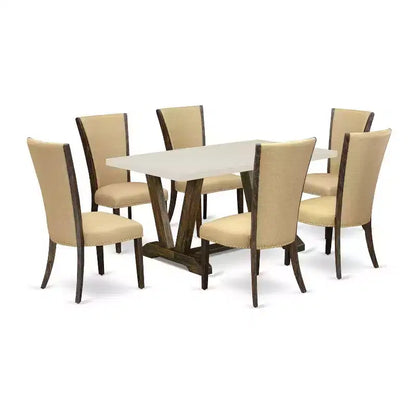 HomeStock 7-Piece Distressed Jacobean Finish Solid Wood Top Dining Table with 6 Parson-Chairs