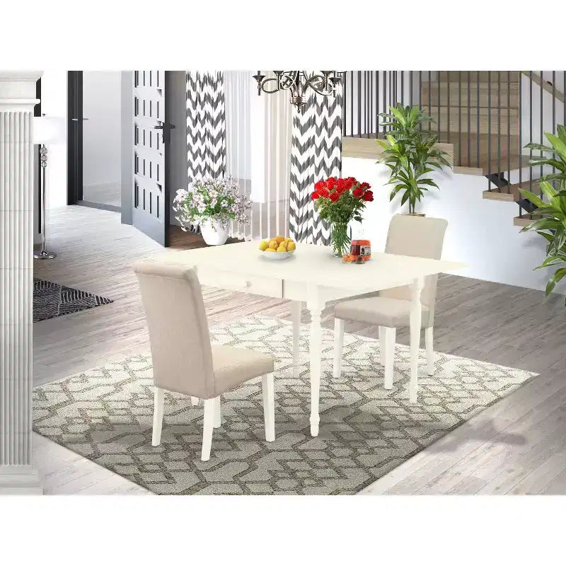 Ensemble de salle à manger 3 pièces HomeStock avec plateau en bois massif finition blanc lin et table à rabats