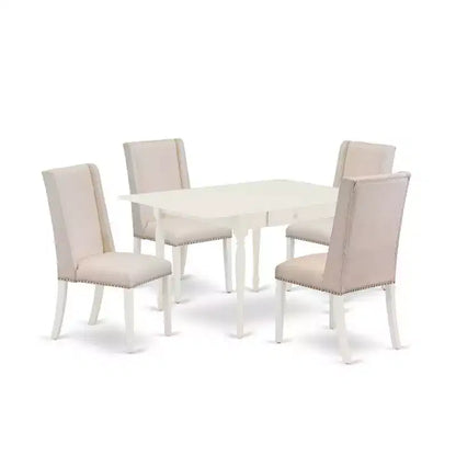 Medieval Kitchen Table Set - 5 Piece Dining Set - Hardwood Table & 4 Parsons Chairs - Linen White Finish
