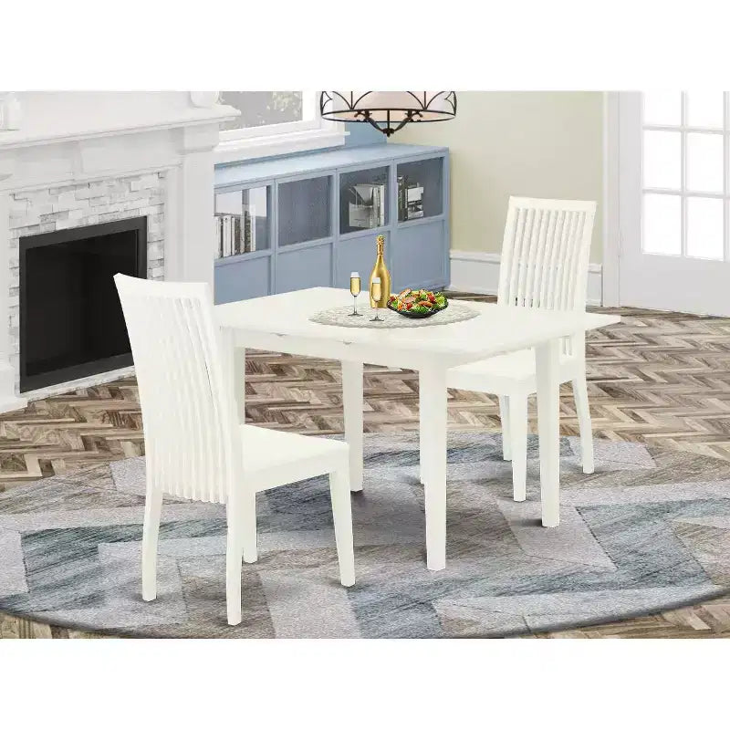 Ensemble de salle à manger 3 pièces HomeStock, dessus en bois massif rectangulaire, finition lin blanc, avec rallonge papillon