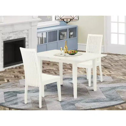 Ensemble de salle à manger 3 pièces HomeStock, dessus en bois massif rectangulaire, finition lin blanc, avec rallonge papillon
