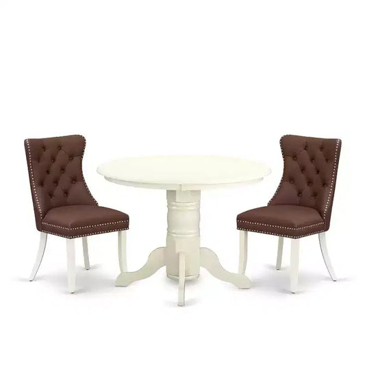3-Piece Linen white Solid Wood Top - Round Upholstered Dining Room Set - Seats 4