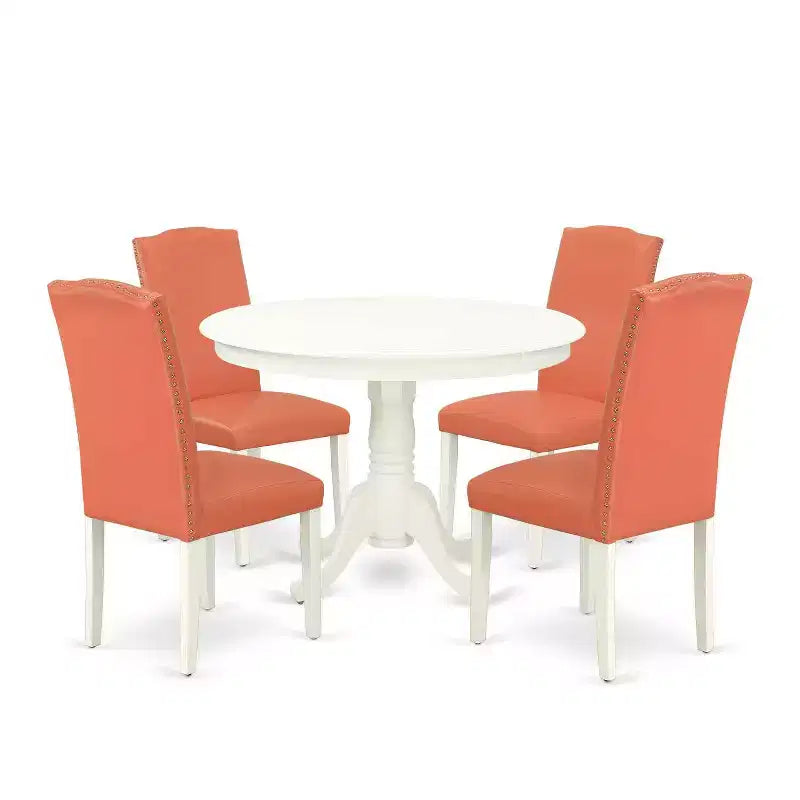 Round Dinette Set 5Pc - 42 Inch Table & 4 Chairs - Pink Flamingo PU Leather - Home Kitchen Furniture